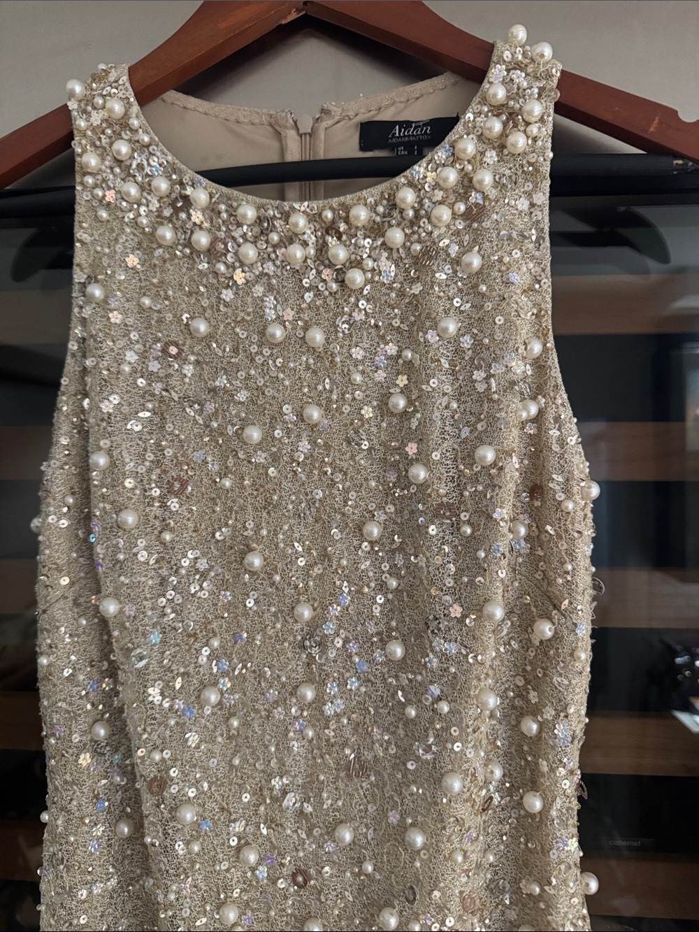 Aidan by Aidan Mattox Champagne Pearl Sequin Cocktail Dress Size 2 - Picture 3 of 8